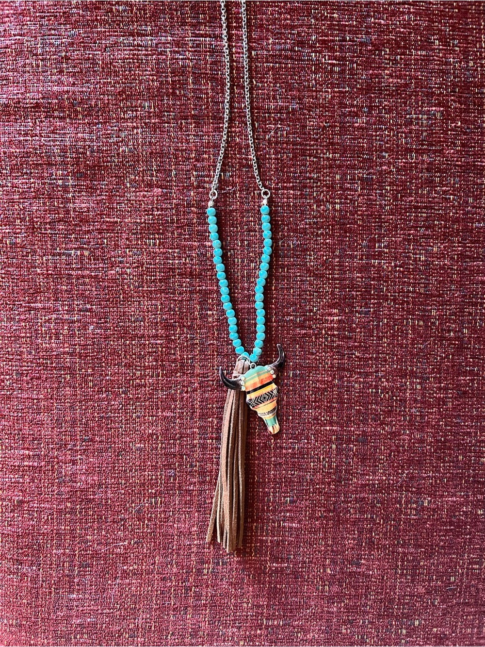 Turquoise Bead Long Necklace with Aztec Bull Pendant and Brown Tassel